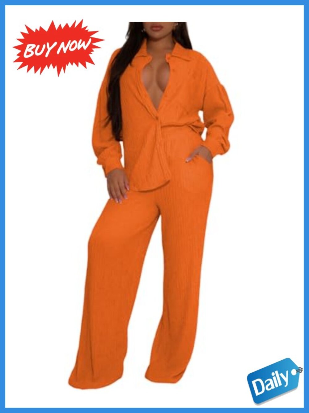 Women 2 Piece Outfits Pleated Wide Leg Pants Button Up Set